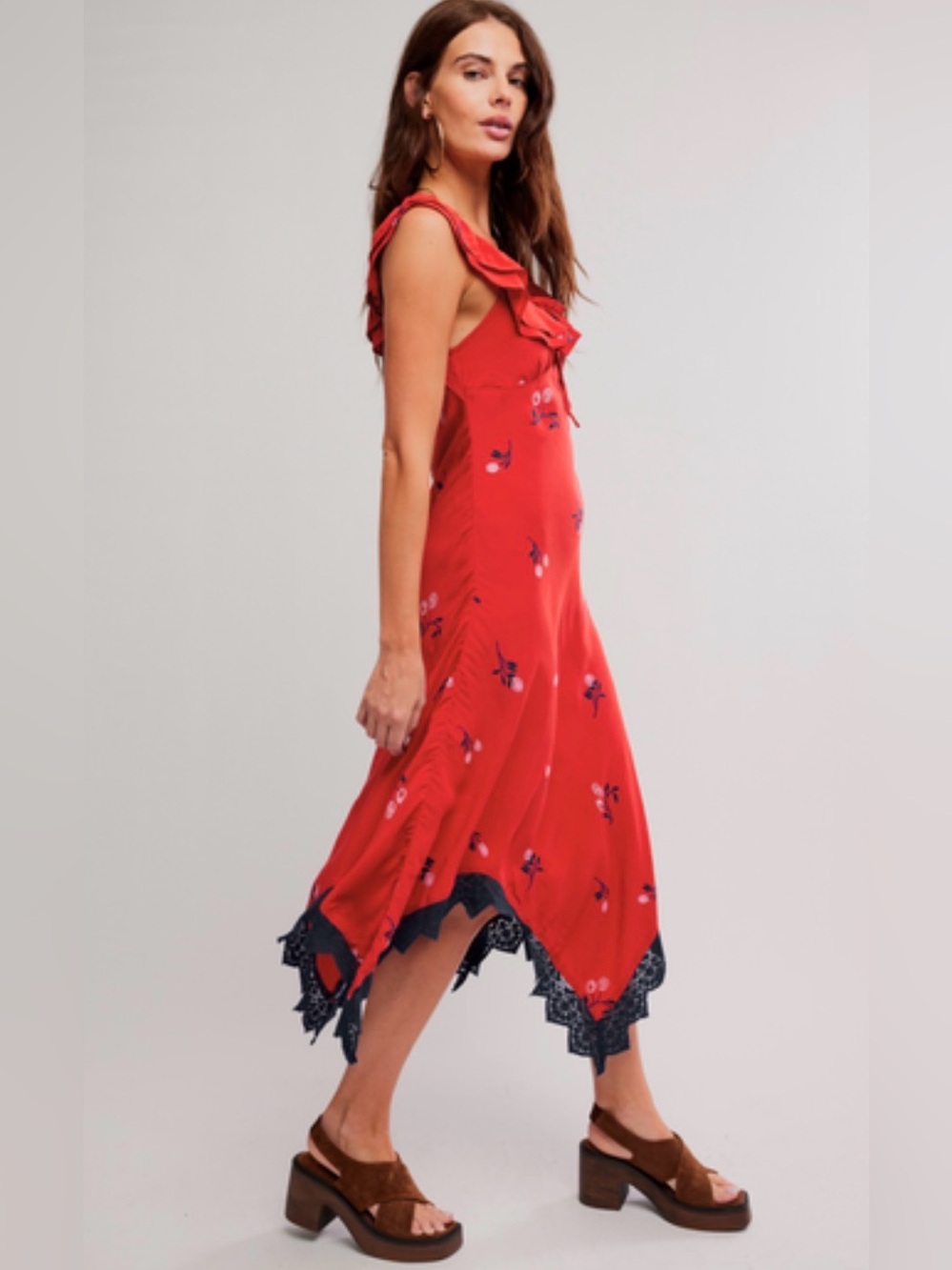 Free People Flock Together Midi Dress Red Lace Hem Size Small NWT - Picture 4 of 15
